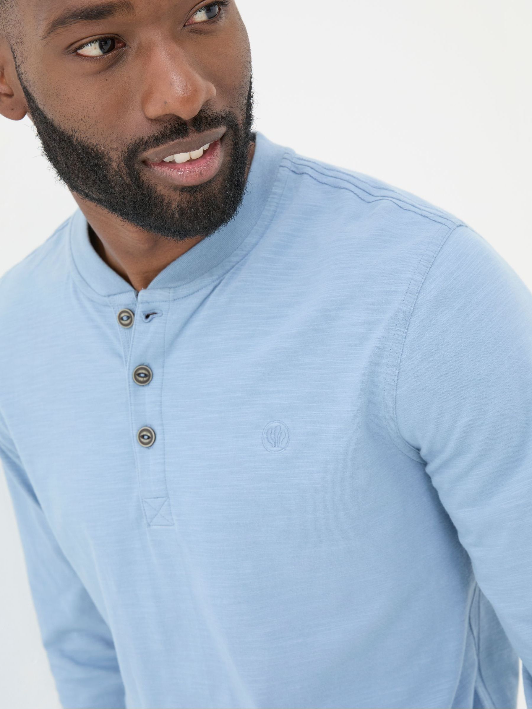 Buy FatFace Woodside Light Blue Long Sleeve Henley T Shirt from