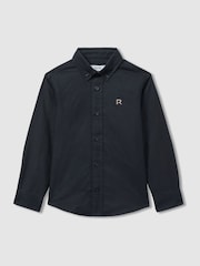 Reiss Navy/Camel Benton 4-9 yrs 100% Cotton Oxford Embroidered Button Down Shirt - Image 1 of 3