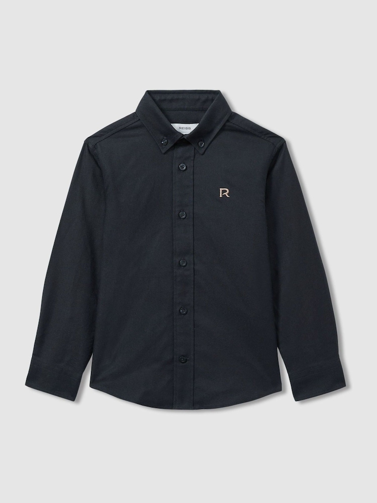 Reiss Navy/Camel Benton 4-9 yrs 100% Cotton Oxford Embroidered Button Down Shirt - Image 1 of 3