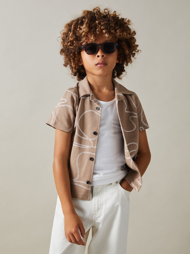 Reiss Taupe Menton Cotton Jersey Embroidered Shirt - Image 1 of 4