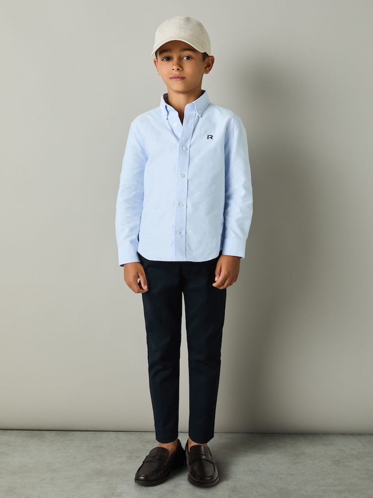 Reiss Soft Blue/Navy Benton 4-9 yrs 100% Cotton Oxford Embroidered Button Down Shirt - Image 1 of 4