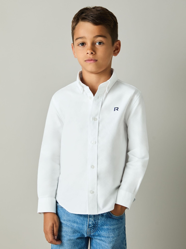 Reiss White/Navy Benton 3-9 yrs 100% Cotton Oxford Embroidered Button Down Shirt - Image 1 of 4