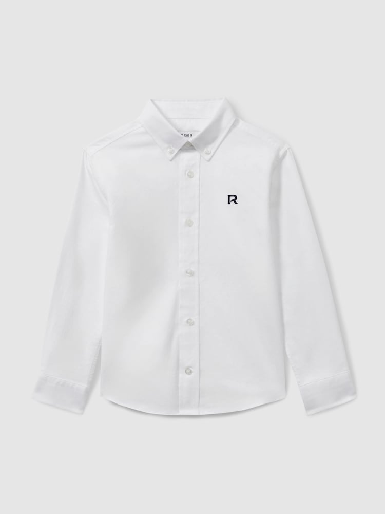 Reiss White/Navy Benton 3-9 yrs 100% Cotton Oxford Embroidered Button Down Shirt - Image 2 of 4