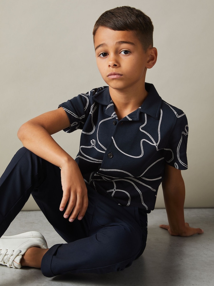 Reiss Navy Menton Cotton Jersey Embroidered Shirt - Image 1 of 4
