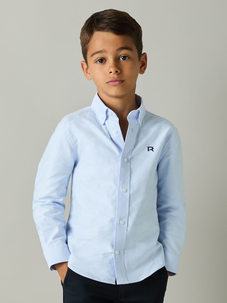 Reiss Soft Blue/Navy Benton 3-9 yrs 100% Cotton Oxford Embroidered Button Down Shirt - Image 1 of 4