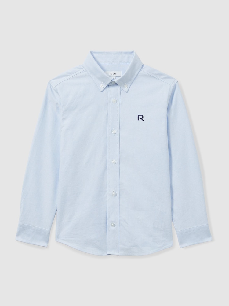 Reiss Soft Blue/Navy Benton 3-9 yrs 100% Cotton Oxford Embroidered Button Down Shirt - Image 2 of 4
