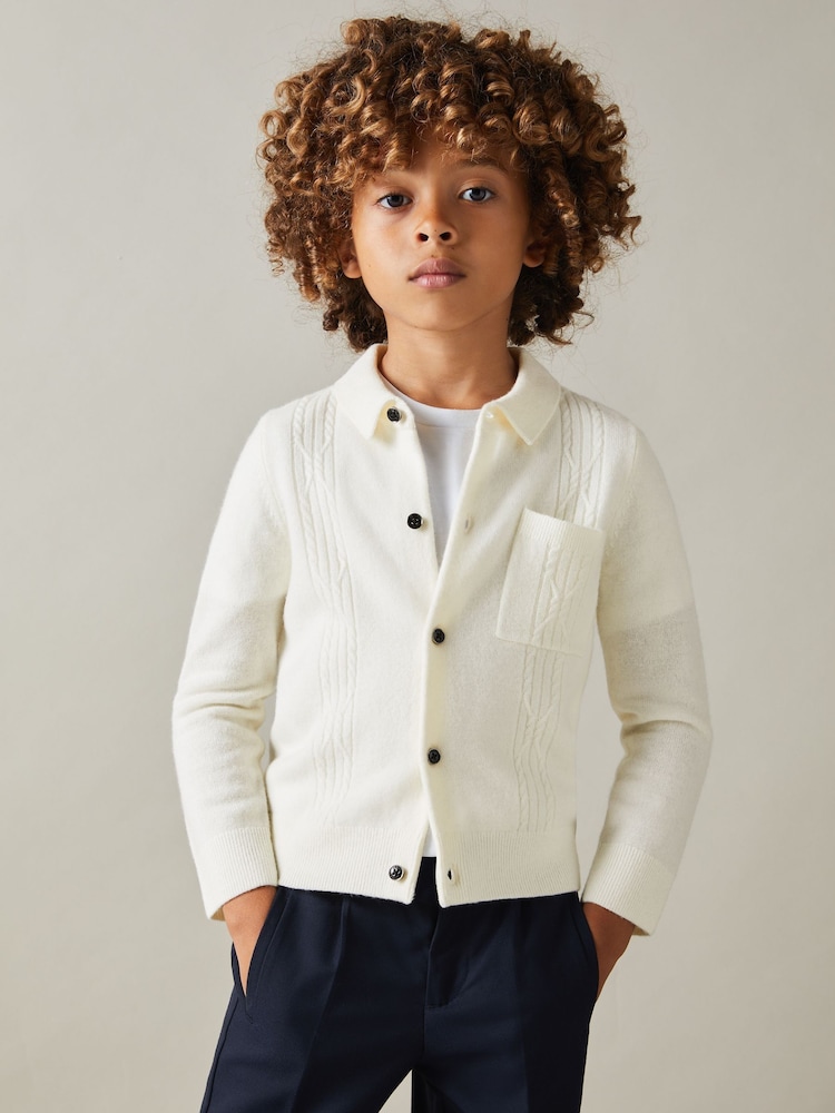 Reiss Off White Lockhurst 9-13 yrs Wool Cable Knit Cardigan - Image 1 of 4