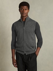 Reiss Derby Grey Melange Leeds Merino Wool Zip Through Gilet - Image 1 of 6