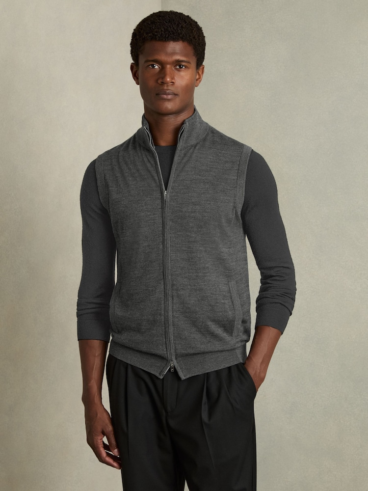 Reiss Derby Grey Melange Leeds Merino Wool Zip Through Gilet - Image 1 of 6