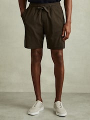 Reiss Dark Olive Green Rihad Textured Crepe Drawstring Shorts - Image 1 of 6