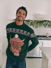 Dark Green Matching Family Mens Christmas Hamish The Highland Cow Jumper - Image 1 of 8