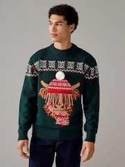 Dark Green Matching Family Mens Christmas Hamish The Highland Cow Jumper - Image 2 of 8