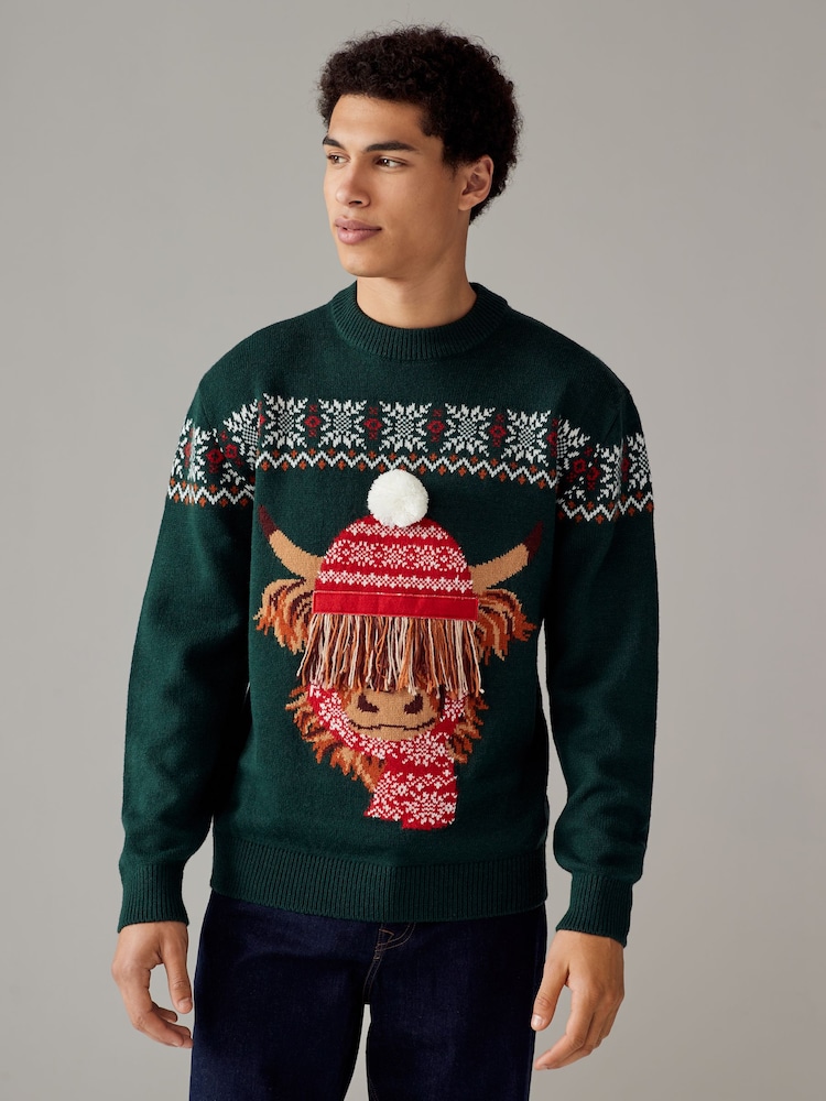 Dark Green Matching Family Mens Christmas Hamish The Highland Cow Jumper - Image 2 of 8