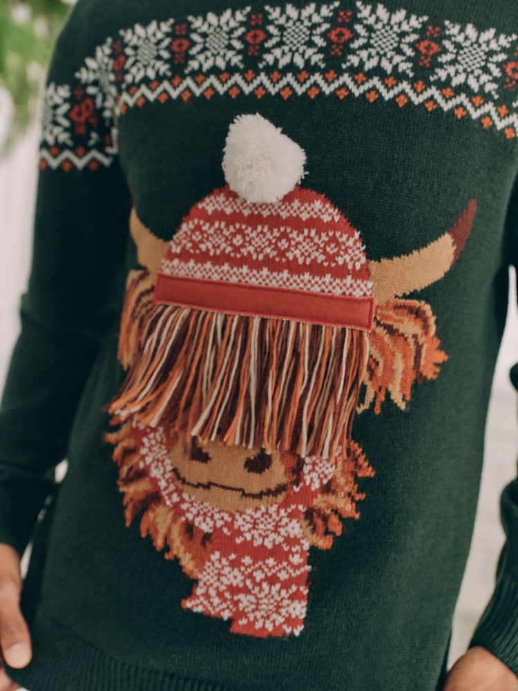 Dark Green Matching Family Mens Christmas Hamish The Highland Cow Jumper - Image 8 of 8