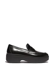 FitFlop F-Luma  Box Leather Demi Wedge Penny Black Loafers - Image 2 of 5