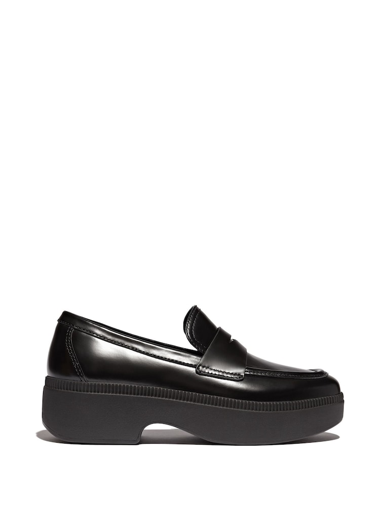 FitFlop F-Luma  Box Leather Demi Wedge Penny Black Loafers - Image 2 of 5