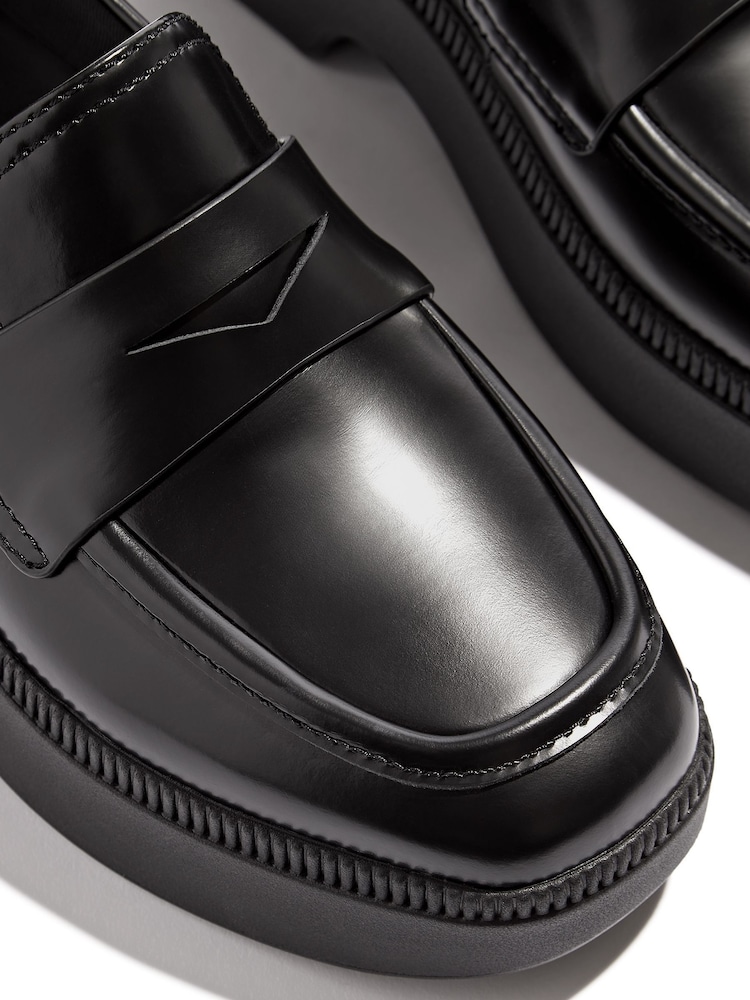 FitFlop F-Luma  Box Leather Demi Wedge Penny Black Loafers - Image 5 of 5