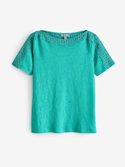 Pure Collection Blue Lace Trim Boat Neck 100% Linen Top - Image 4 of 4