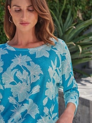 Pure Collection Blauer Dolman-Pullover aus 100 % Leinen mit Palmenmuster - Bild 3 von 3