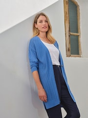 Pure Collection Blue Cotton Long Line Pointelle Cardigan - Image 1 of 3