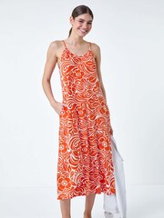 Roman Orange Abstract Strappy Swing Stretch Midi Dress - Image 1 of 5