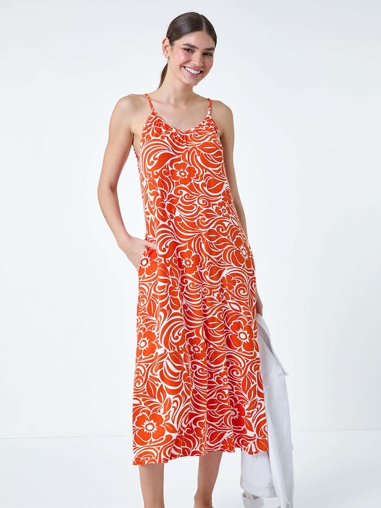 Roman Orange Abstract Strappy Swing Stretch Midi Dress - Image 1 of 5