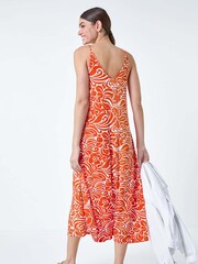 Roman Orange Abstract Strappy Swing Stretch Midi Dress - Image 3 of 5