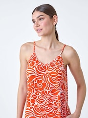 Roman Orange Abstract Strappy Swing Stretch Midi Dress - Image 4 of 5