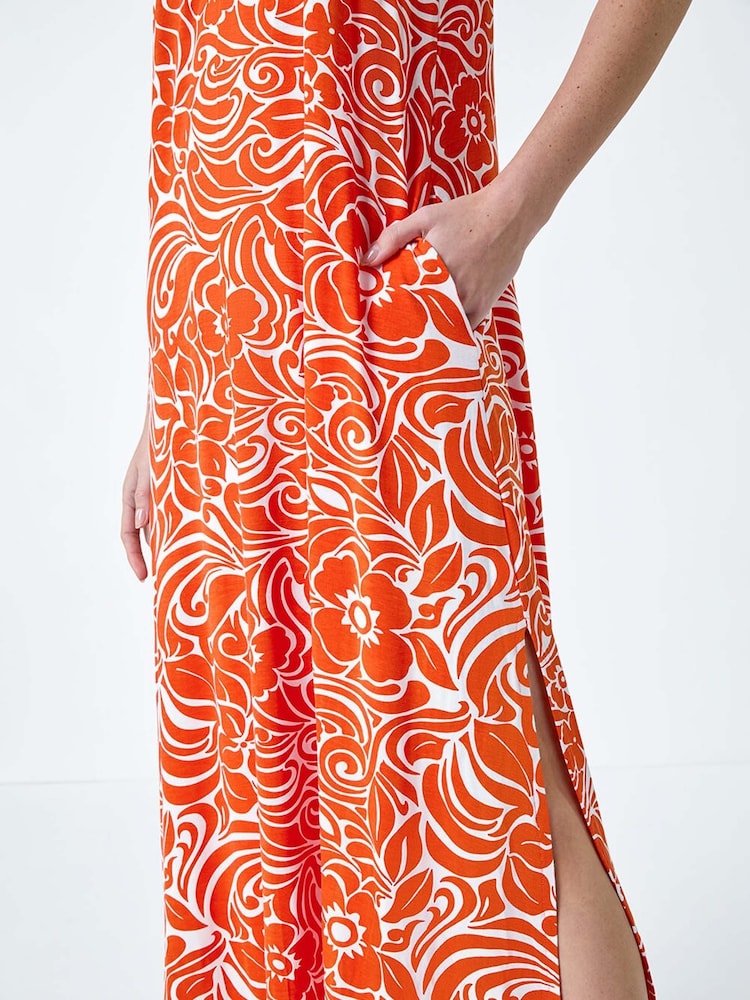 Roman Orange Abstract Strappy Swing Stretch Midi Dress - Image 5 of 5