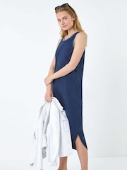 Roman Blue Contrast Stitch Stretch 100% Cotton Jersey Midi Dress - Image 1 of 5
