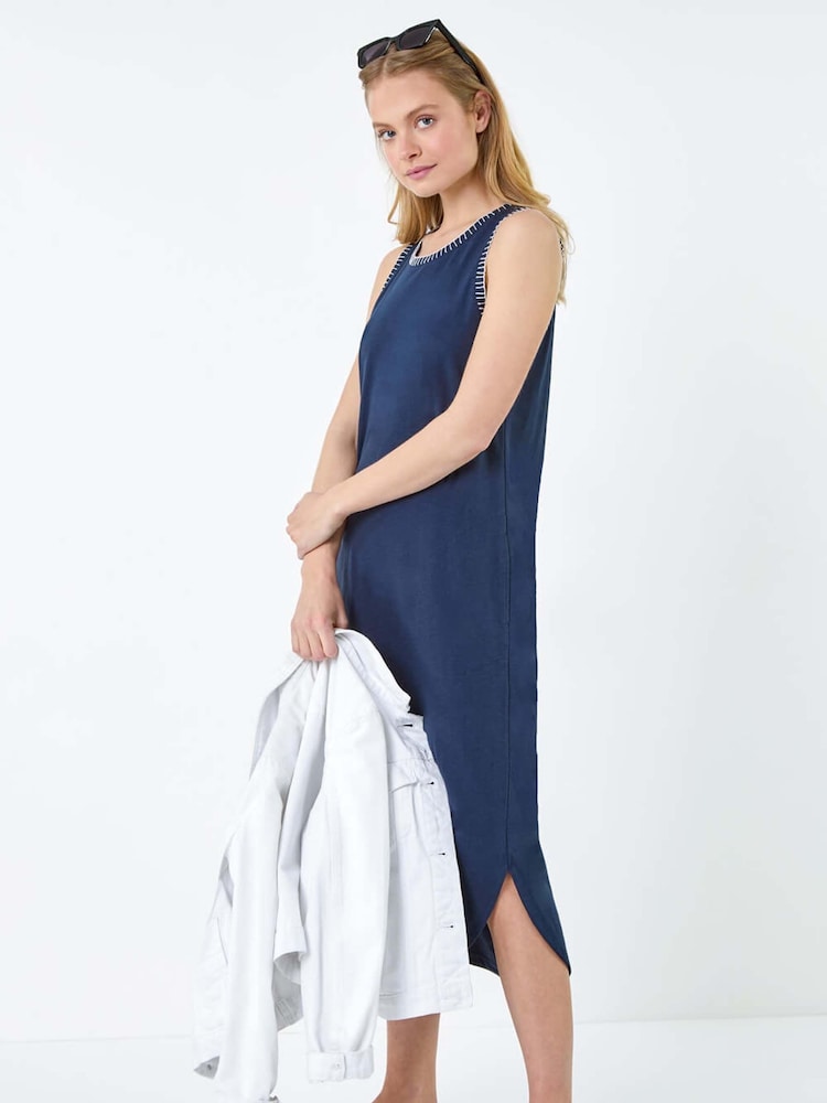 Roman Blue Contrast Stitch Stretch 100% Cotton Jersey Midi Dress - Image 1 of 5