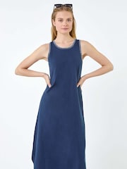 Roman Blue Contrast Stitch Stretch 100% Cotton Jersey Midi Dress - Image 2 of 5