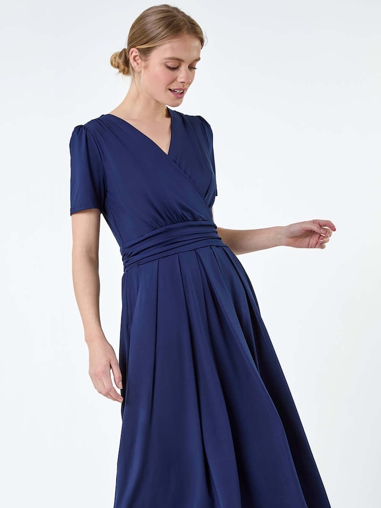 Roman Blue Gathered Wrap Stretch Midi Dress - Image 1 of 5
