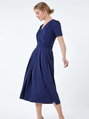 Roman Blue Gathered Wrap Stretch Midi Dress - Image 2 of 5