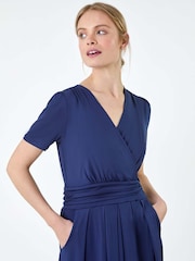 Roman Blue Gathered Wrap Stretch Midi Dress - Image 4 of 5