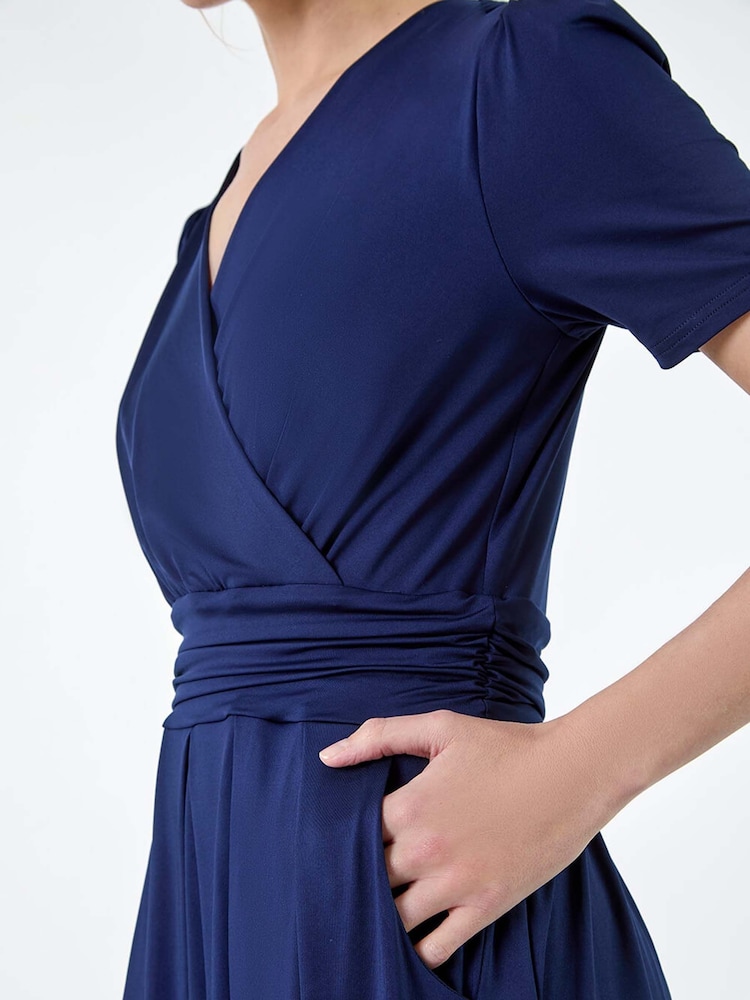 Roman Blue Gathered Wrap Stretch Midi Dress - Image 5 of 5