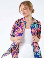 Roman Blue Aztec Style Print Short Sleeve Shirt - Image 1 of 5
