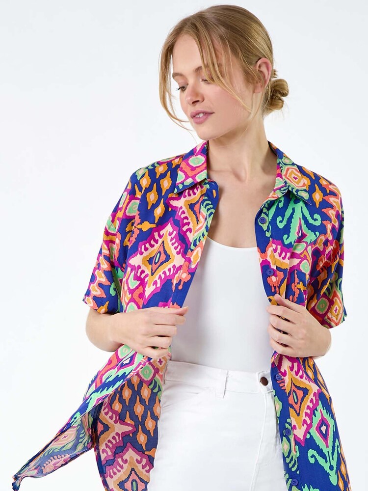 Roman Blue Aztec Style Print Short Sleeve Shirt - Image 1 of 5