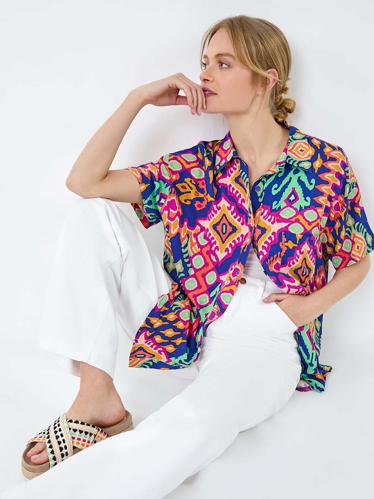 Roman Blue Aztec Style Print Short Sleeve Shirt - Image 2 of 5