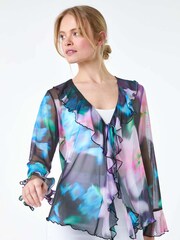 Roman Blue Blurred Floral Stretch Mesh Top - Image 2 of 5