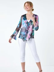 Roman Blue Blurred Floral Stretch Mesh Top - Image 4 of 5
