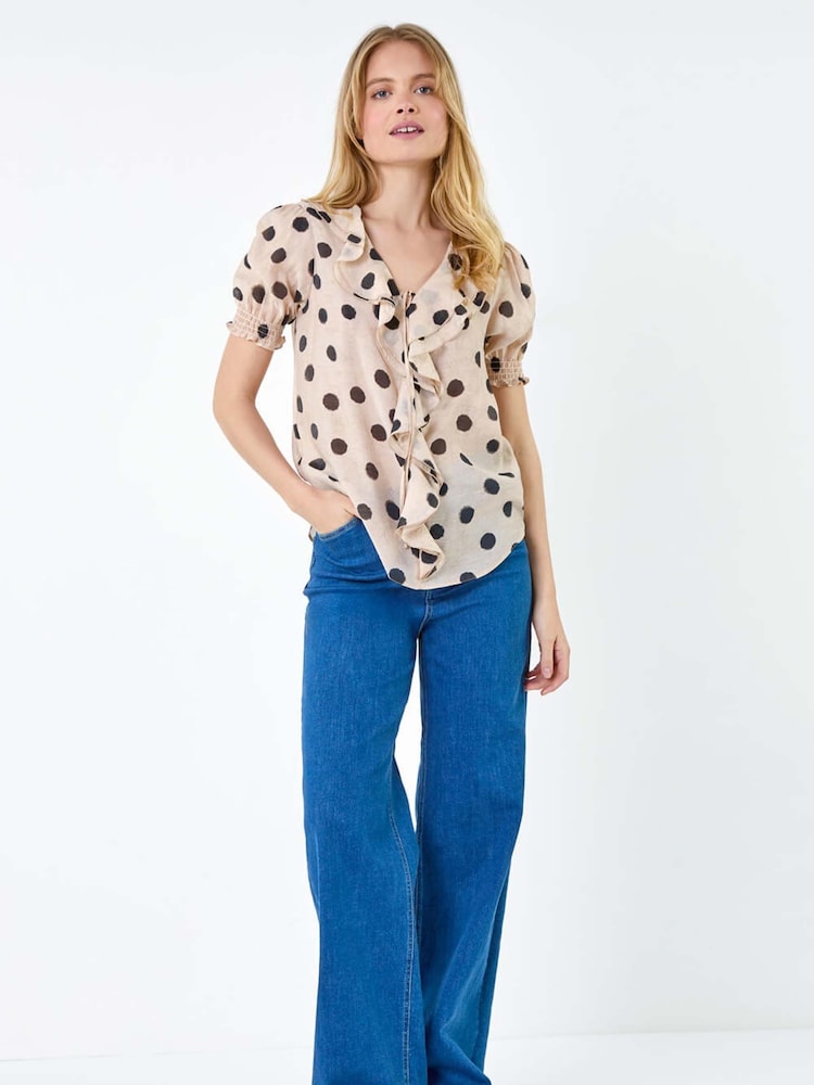 Roman Natural Polka Dot Frill Front Shirred Top - Image 1 of 5