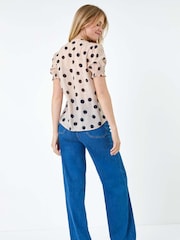 Roman Natural Polka Dot Frill Front Shirred Top - Image 4 of 5