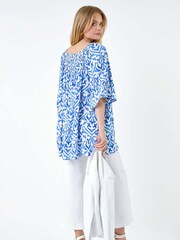 Roman Blue Aztec Print Shirred Stretch Bardot Top - Image 2 of 4