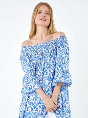 Roman Blue Aztec Print Shirred Stretch Bardot Top - Image 3 of 4