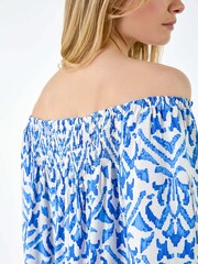 Roman Blue Aztec Print Shirred Stretch Bardot Top - Image 4 of 4