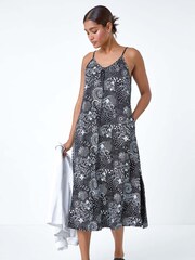 Roman Black Abstract Strappy Swing Stretch Midi Dress - Image 1 of 5