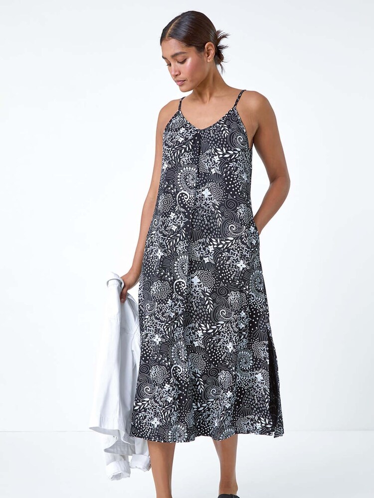 Roman Black Abstract Strappy Swing Stretch Midi Dress - Image 1 of 5