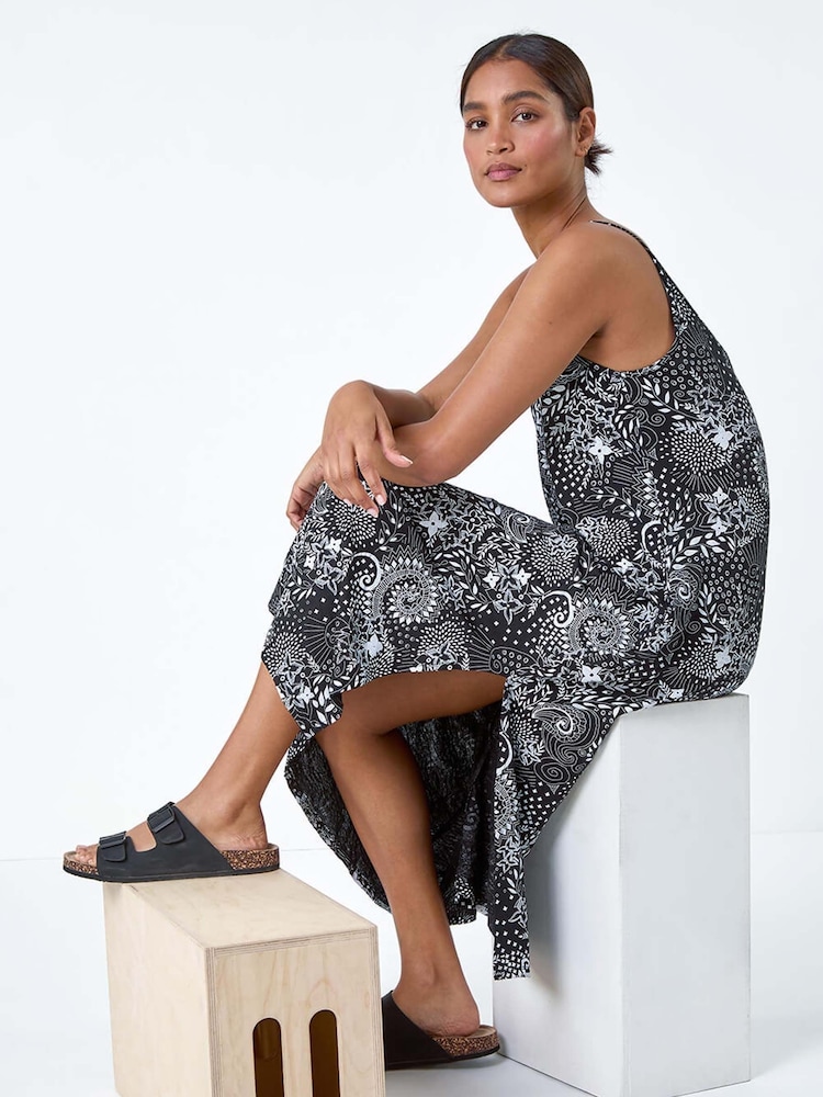Roman Black Abstract Strappy Swing Stretch Midi Dress - Image 2 of 5