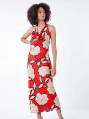Roman Orange Floral Print Satin Bias Cut Dress - Image 1 of 5